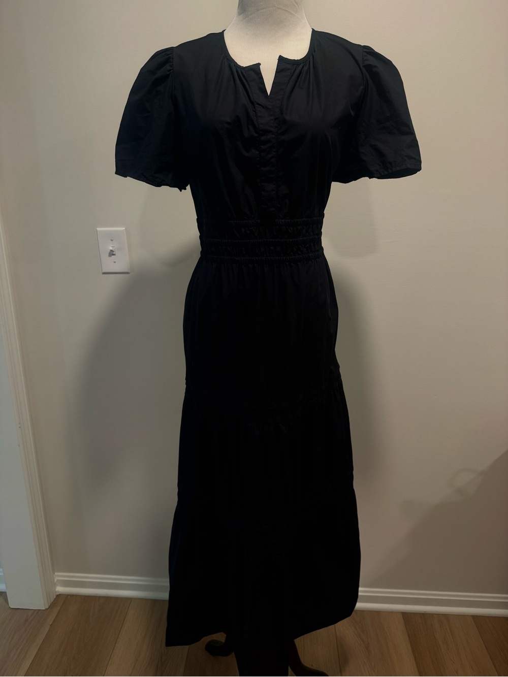 Quince Black Maxi Dress with Puff Sleeves